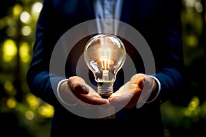 A Lightbulb in a hand of businessman wearing suit Creative new idea thinking, Innovation, brainstorming, inspiration Generative AI