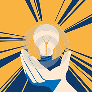 Lightbulb in hand with glow. lamp Flat Vector illustration.