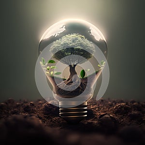 the lightbulb has a tree inside it environment and Earthday concept.