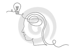 Lightbulb in head in One single Line drawing for logo, emblem, web banner, presentation. Simple lineart concept of idea