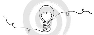 Lightbulb with heart one-line continuous contour,hand-drawn electric device contour outline.Electric lighting and illumination