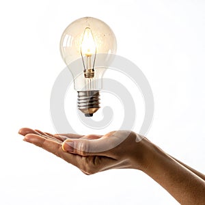 Lightbulb hovering over hand isolated on white background