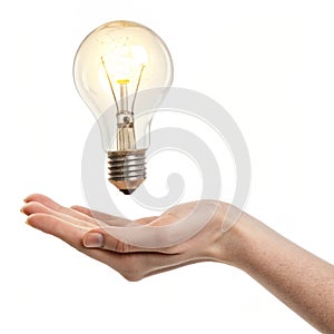 Lightbulb hovering over hand isolated on white background