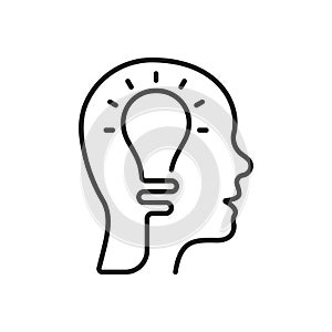 Lightbulb in Human Head Linear Pictogram. Intellectual Process Symbol. Creative Thinking Line Icon. Innovation Science