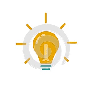 Lightbulb icon vector symbol, flat cartoon light bulb color pictogram isolated, idea or innovation sign clipart