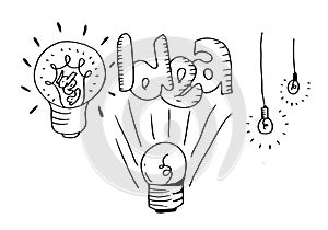 Lightbulb ideas concept doodles icons set. Vector illustration