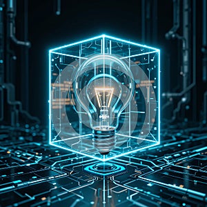 Lightbulb in digital cube with glow