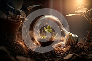 A lightbulb with a little plant in sunlight. Notion of conserving energy in nature.