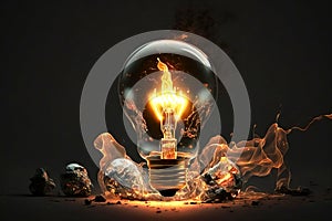 Lightbulb with an old fashioned filament that has caught fire in the glass of the bulb, made with generative ai