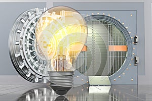 Lightbulb with opened bank vault, 3D rendering