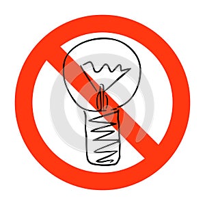 Lightbulb in prohibition sign, no electricity symbol. Power outage or blackout, forbidding symbol.Lamp doodle sketch style.