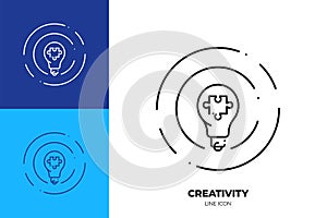 Lightbulb with puzzle piece line art vector icon. Outline symbol of creative solution