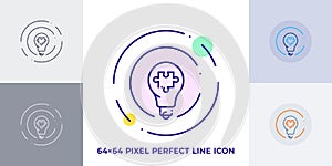 Lightbulb with puzzle piece line art vector icon. Outline symbol of creative solution. Idea pictogram