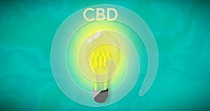 Lightbulb revealing the word `CBD` against teal tie-dye background