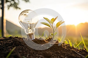 Lightbulb with small plant on soil and sunshine