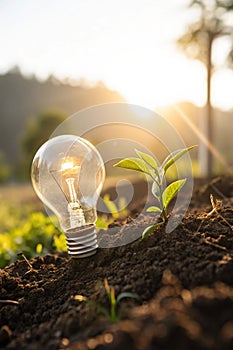 Lightbulb with small plant on soil and sunshine