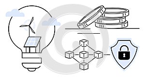 Renewable Energy, Blockchain, and Finance Security Concept in Flat Design
