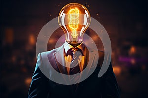 A lightbulb in a suit with fiery background radiates entrepreneurial brilliance