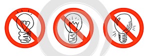 Lightbulbs in prohibition sign set, no electricity symbol. Power outage or blackout, forbidding symbol.Lamp doodle sketch style.