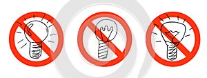 Lightbulbs in prohibition sign set, no electricity symbol. Power outage or blackout, forbidding symbol.Lamp doodle sketch style.