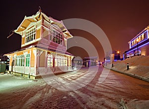 Lighted buildings at night