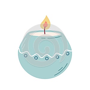 Lighted candle in blue candlestick with pattern on white background, vector flat illustration