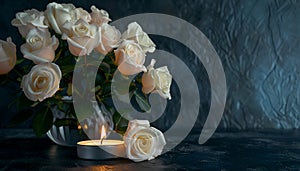 Lighted candle and elegant white roses arrangement on dark background. All souls day, Death, decrease, Prayer, Memirial