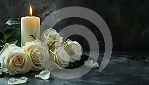 Lighted candle and elegant white roses arrangement on dark background. All souls day, Death, decrease, Prayer, Memirial