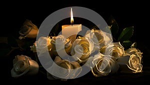 Lighted candle and elegant white roses arrangement on dark background. All souls day, Death, decrease, Prayer, Memirial