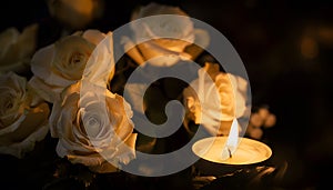 Lighted candle and elegant white roses arrangement on dark background. All souls day, Death, decrease, Prayer, Memirial