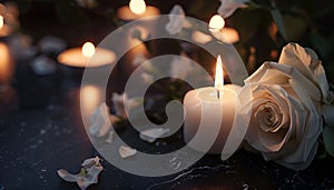 Lighted candle and elegant white roses arrangement on dark background. All souls day, Death, decrease, Prayer, Memirial