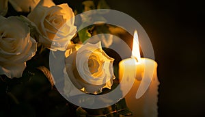 Lighted candle and elegant white roses arrangement on dark background. All souls day, Death, decrease, Prayer, Memirial