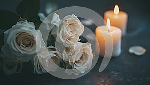 Lighted candle and elegant white roses arrangement on dark background. All souls day, Death, decrease, Prayer, Memirial