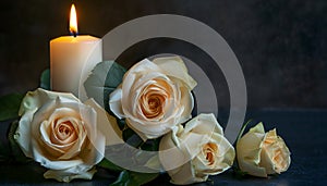 Lighted candle and elegant white roses arrangement on dark background. All souls day, Death, decrease, Prayer, Memirial