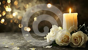 Lighted candle and elegant white roses arrangement on dark background. All souls day, Death, decrease, Prayer, Memirial