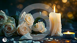Lighted candle and elegant white roses arrangement on dark background. All souls day, Death, decrease, Prayer, Memirial