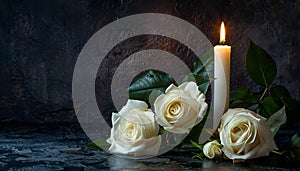Lighted candle and elegant white roses arrangement on dark background. All souls day, Death, decrease, Prayer, Memirial