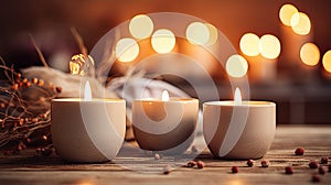 Lighted candles on the table, boho style decor, aromatherapy. Festival of Lights.bokeh lights on background