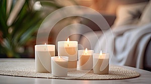 Lighted candles on the table, decor, aroma candles, aromatherapy. Festival of Lights. bedroom interior background