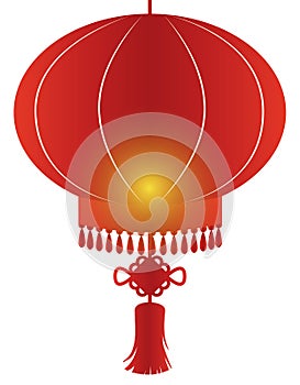 Lighted Chinese lantern decorated with knot and fringes, Vector Illustration