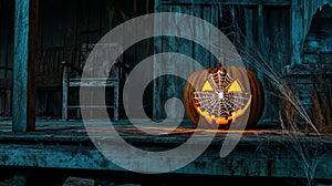 A Lighted Jack-o'-Lantern with Spiderweb on a Creaky Porch