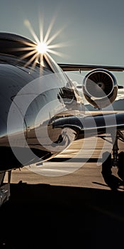 Chrome-plated Jet Airplane On Runway With Sun Shining