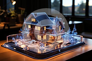 A lighted model of a house on a table in architect office