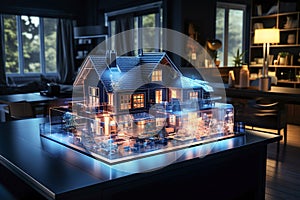 A lighted model of a house on a table in architect office