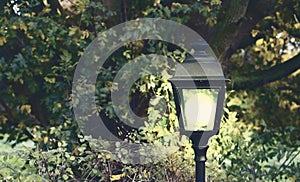 Lighted modern and classical lantern shining bright light in at night in the dark garden
