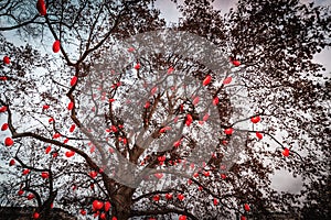Lighted ornate tree on which hearts are hung, Rathausplatz, Vienna photo