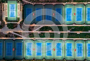 Lighted tennis courts grouped together photo