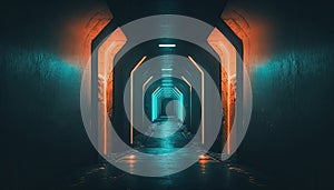 Lighted Tunnel, Hallway, Duotone, Teal and Orange, Industrial Building, Architecture, Sci-fi, Dramatic Lighting, Pathway Corridor photo