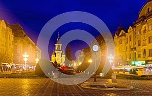 Lighted Victoriei Square and Orthodox Cathedral, Timisoara