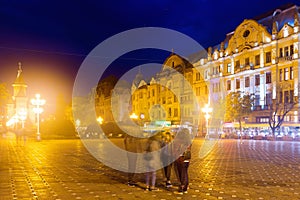 Lighted Victoriei Square and Orthodox Cathedral, Timisoara